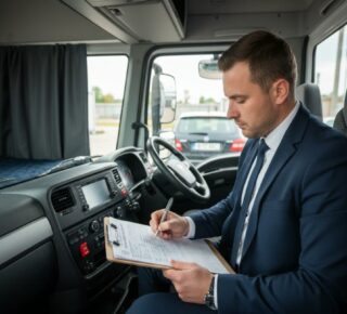 1. Foaie de parcurs_ghid complet pentru completare corecta si conformitate in transport rutier + respectarea cerintelor legale_Sofer profesionist completand foaia de parcurs in cabina unui vehicul comercial