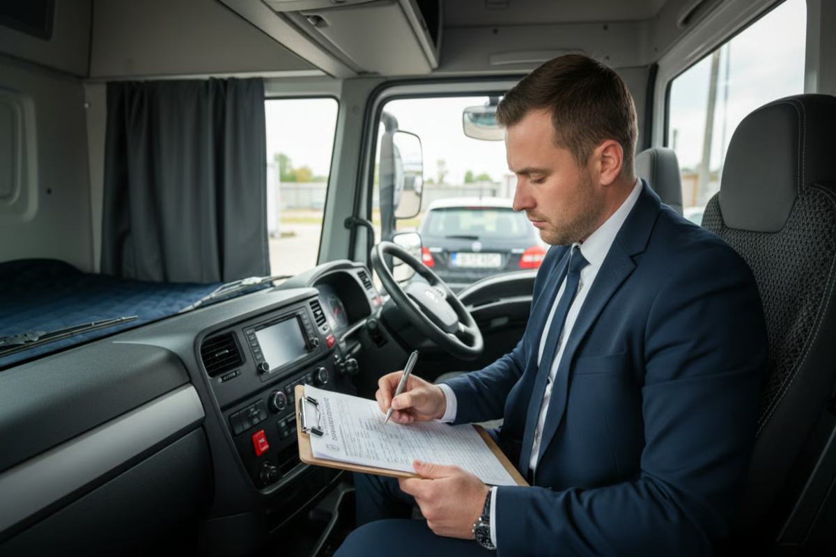 1. Foaie de parcurs_ghid complet pentru completare corecta si conformitate in transport rutier + respectarea cerintelor legale_Sofer profesionist completand foaia de parcurs in cabina unui vehicul comercial