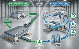 Diagrama vizuala care ilustreaza fluxul bidirectional al logisticii traditionale si inverse