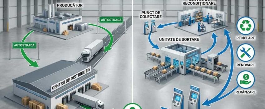 Diagrama vizuala care ilustreaza fluxul bidirectional al logisticii traditionale si inverse