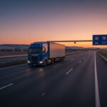 Restricții de circulație (camion care traverseaza o autostrada din Europa, traseu de noapte, apus)