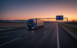 Restricții de circulație (camion care traverseaza o autostrada din Europa, traseu de noapte, apus)