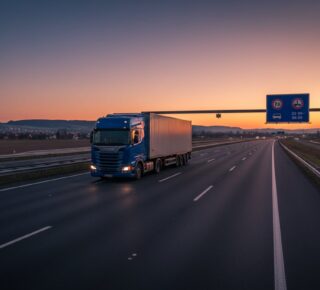 Restricții de circulație (camion care traverseaza o autostrada din Europa, traseu de noapte, apus)